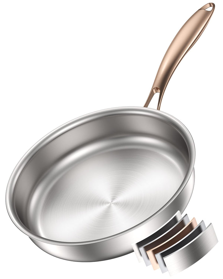 Edelstahlpfanne 28cm unbeschichtet, Titan Pfanne Induktion, 18/10 Edelstahl Bratpfanne mit Roségoldg