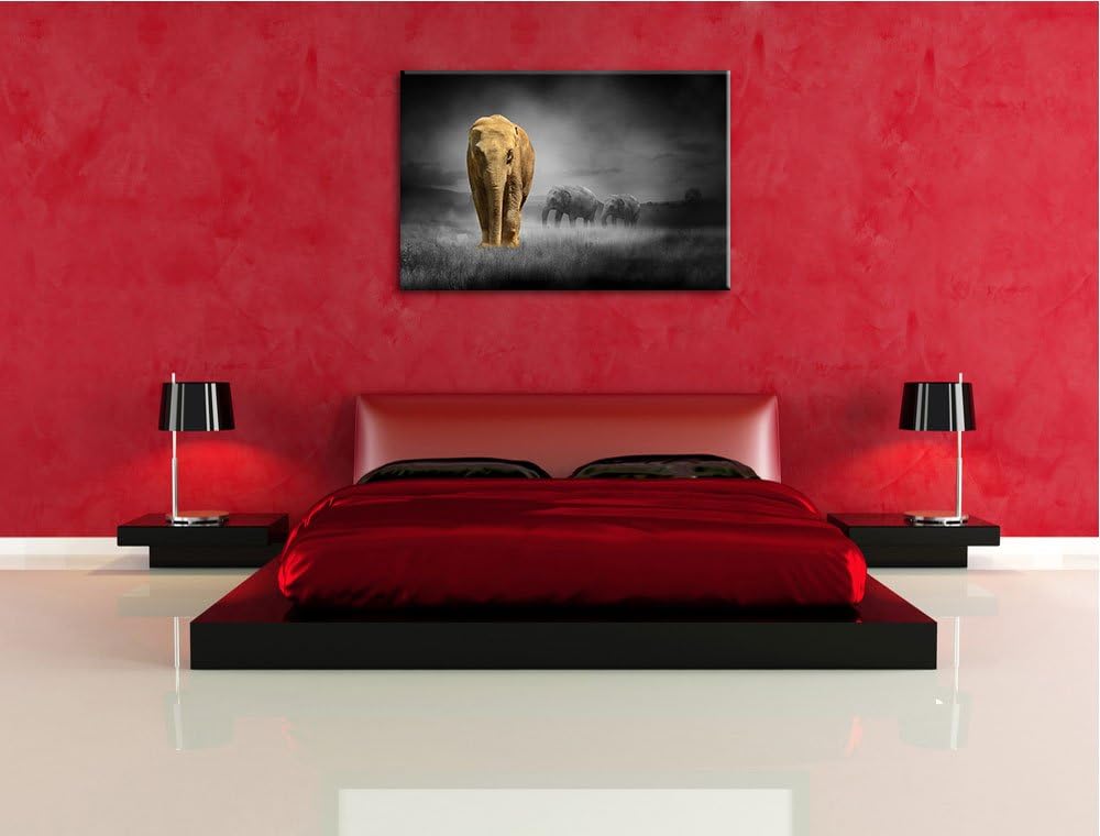 Elefanten in Steppe schwarz/weiss Format: 100x70 auf Leinwand, XXL riesige Bilder fertig gerahmt mit
