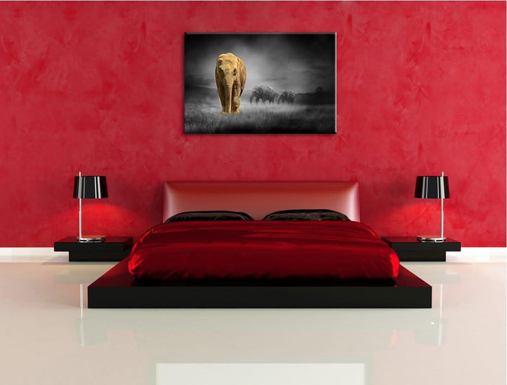 Elefanten in Steppe schwarz/weiss Format: 100x70 auf Leinwand, XXL riesige Bilder fertig gerahmt mit