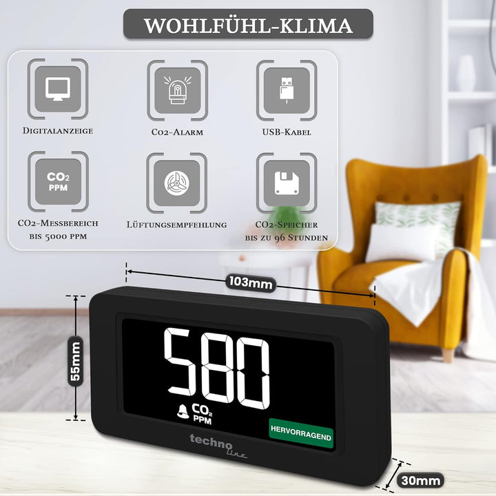 technoline WL1022 Co2 Messgerät mit Co2 Ampel, Co2 Alarm, Lüftungsempfehlung WL1022 Single, WL1022 S