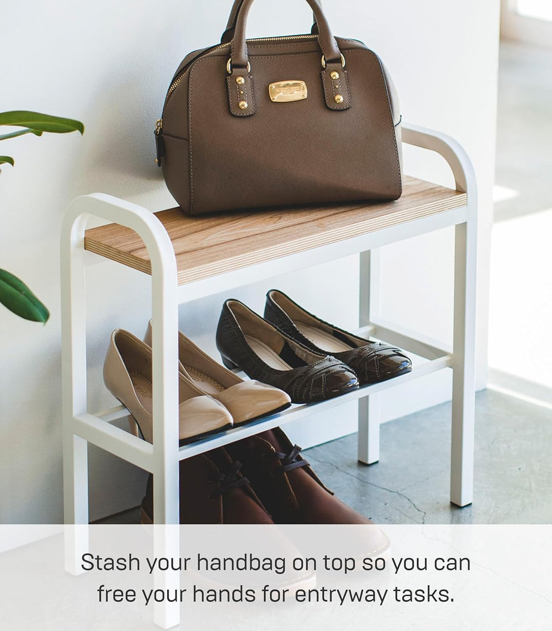 Yamazaki 4787 TOWER Schuhregal mit Holzablage, weiss, Stahl/Schichtholz, Minimalistisches Design, We