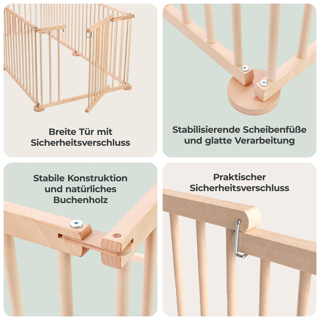 Spec-wood Baby Laufgitter klappbar ink. Tür XXL 92x74 cm aus Buchenholz - Laufstall Baby Holz mit Si