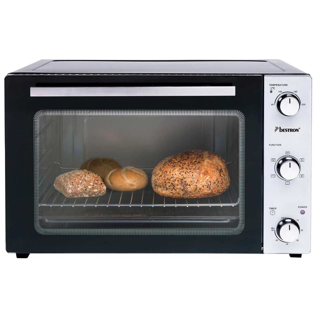 Bestron AOV45 2-in-1 Mini-Backofen mit Drehspiess, 45 Liter, 1800 W, Edelstahl, Schwarz 45 Liter Min