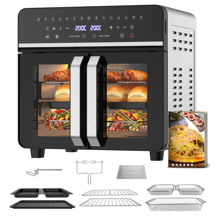 Heissluftfritteuse 23L XXL Mini Backofen mit Französischen Türen, 2600W Air Fryer Dual Zone mit Smar