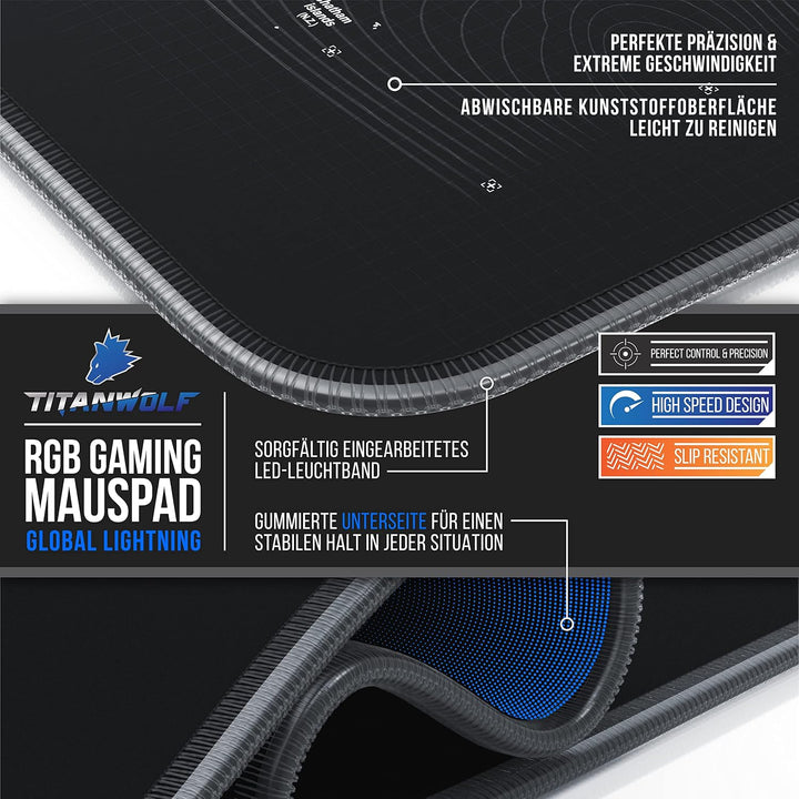 Titanwolf - XXXL RGB Gaming Mauspad – 1200 x 600 mm - Mousepad - LED Multi Color - 7 LED Farben Plus
