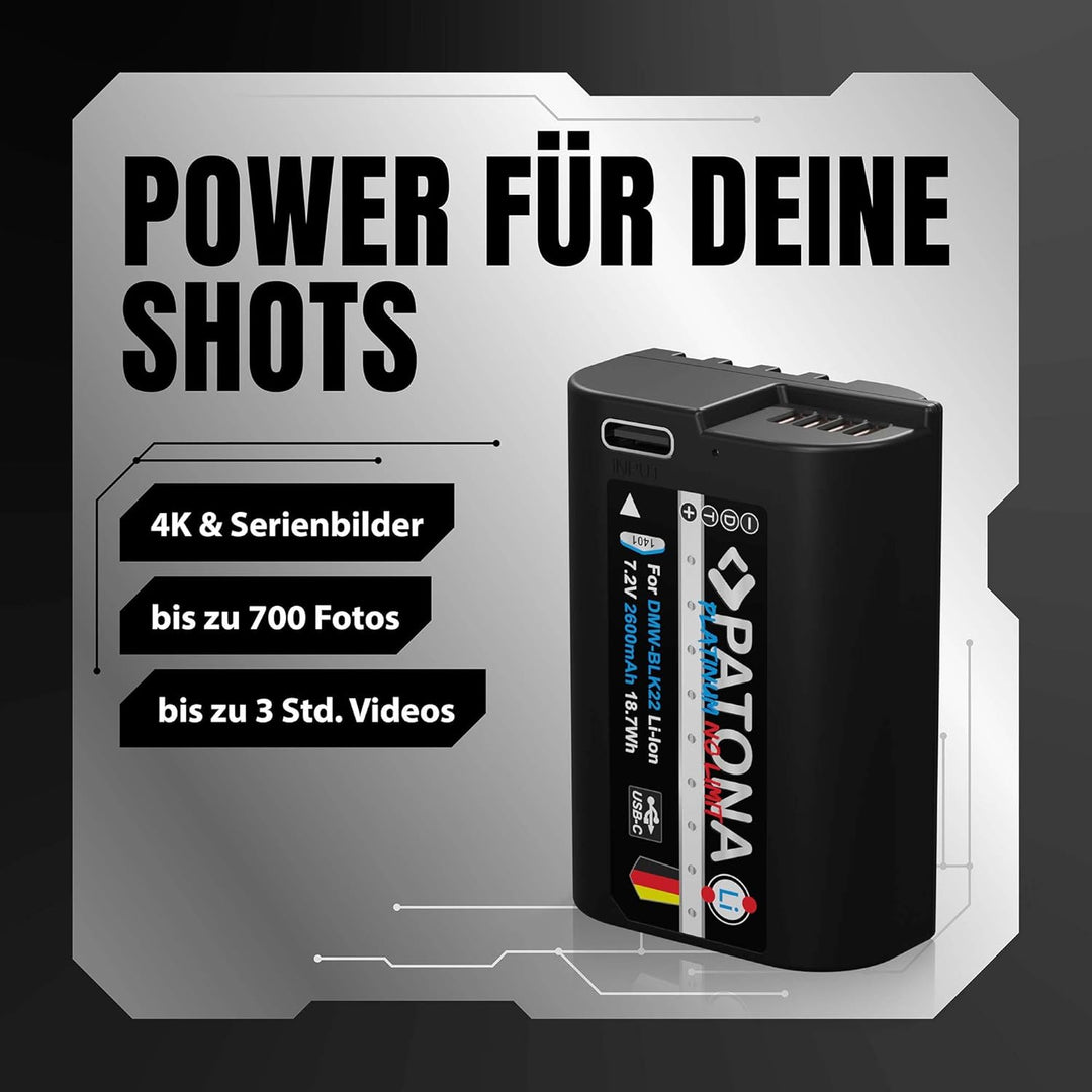 PATONA Platinum DMW BLK22 E USB Akku (2600mAh) mit direktem USB-C Eingang (1401) Lumix DC-S5 DC-S5D