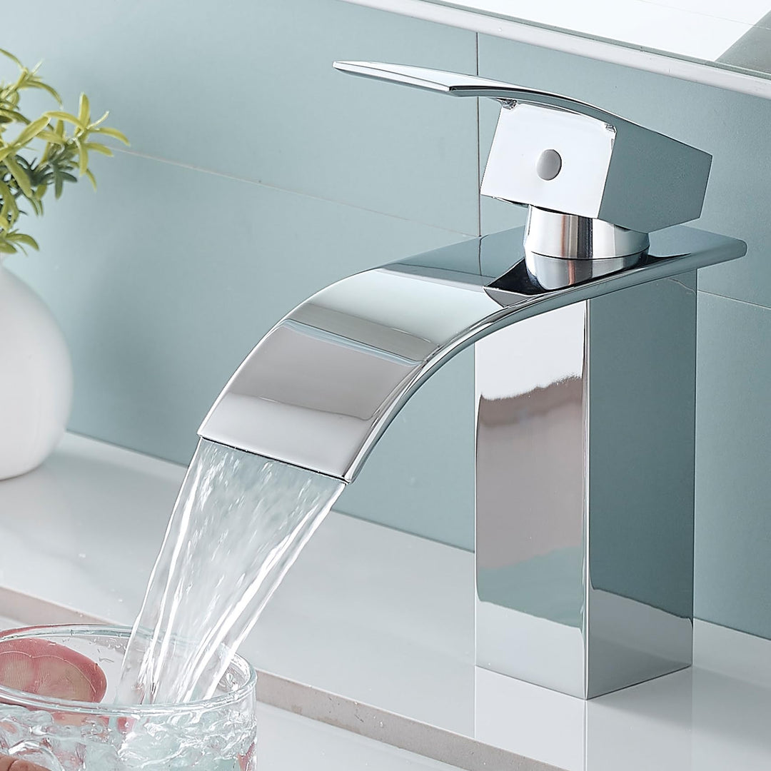 Fransiton Wasserhahn Bad, Wasserfall Waschtischarmatur mit Auslauf Höhe 60MM, Einhebelmischer für Ka