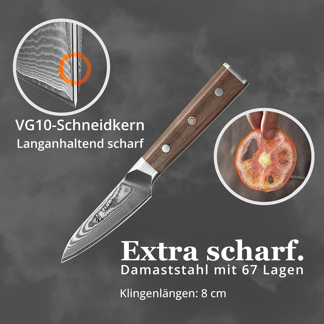 Wakoli Damast Küchenmesser Gemüsemesser mit 8 cm Klinge aus 67 Lagen Damaststahl und VG10 Kern, Waln