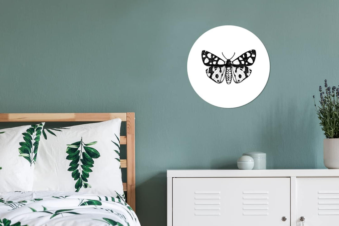 MuchoWow Wandbild Rund Wanddeko Deko Wohnzimmer Bilder 30x30 cm Schmetterling - Vintage - Schwarz un