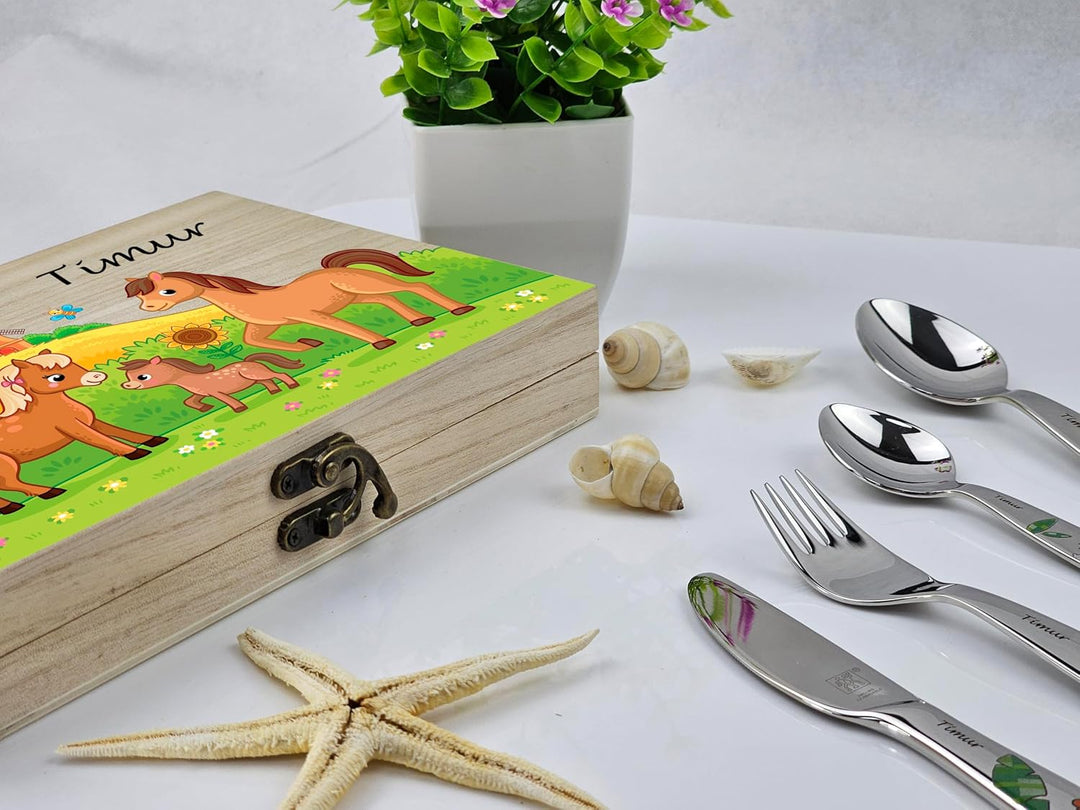 Kinderbesteck Set mit Gravur Name Geburtsdatum 4 teilig aus Edelstahl in edler Holz-Box (mit Motiv,