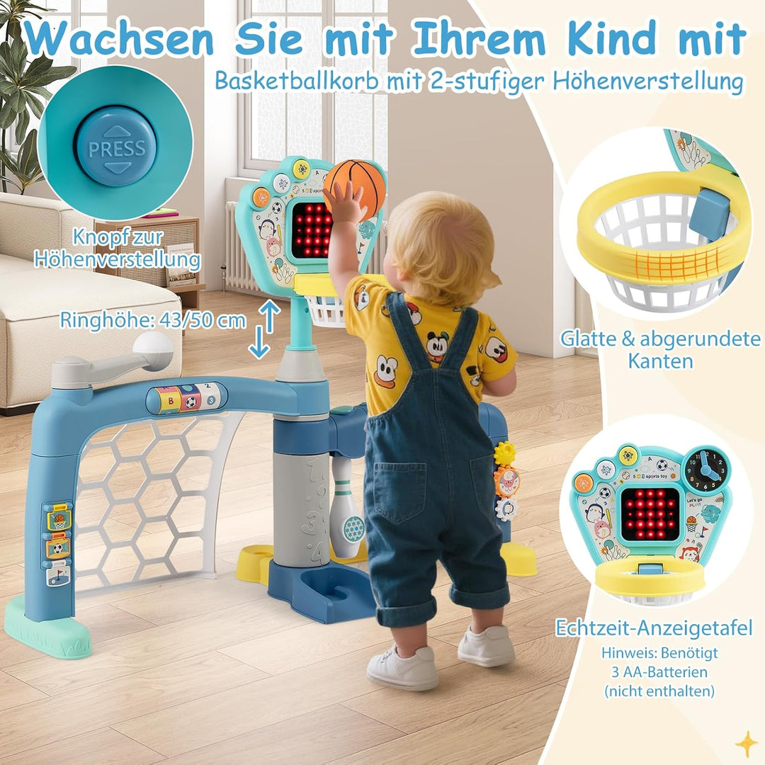 DREAMADE 5-in-1 Multiaktivitätszentrum mit Basketball, Fussball, Bowling, Baseball & Golf, höhenvers