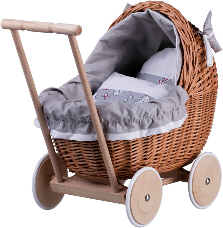 e-wicker24 Alles aus Weide Puppenwagen aus Weide mit Bettwäsche perfekte Geschenkidee Korbpuppenwage