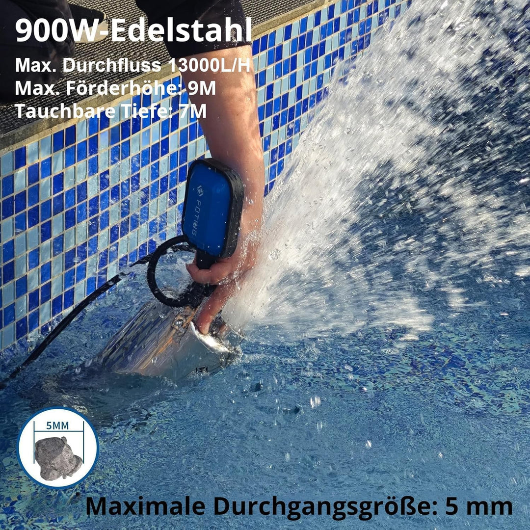 FOTING Edelstahl Tauchpumpe 900 W, 13.000 l/h, Förderhöhe bis 9 m, Eintauchtiefe bis 7 m, mit Schwim