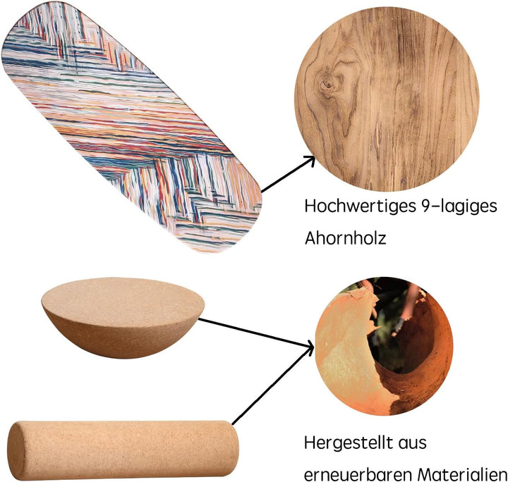 Holz Balance Board mit Rolle & Halbkugel - Balancierbrett für Gleichgewichtstraining - Erwachsene -