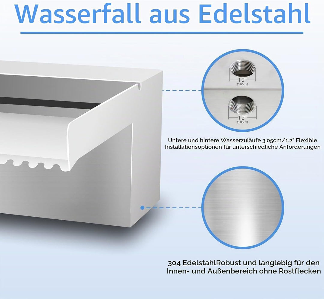 Pool Brunnen Edelstahl Teich Wasserfall Spillway Kits für Innen-/Aussendekorativ, 90x20x10cm Pool Wa