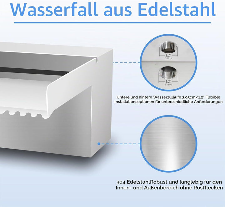 Pool Brunnen Edelstahl Teich Wasserfall Spillway Kits für Innen-/Aussendekorativ, 90x20x10cm Pool Wa