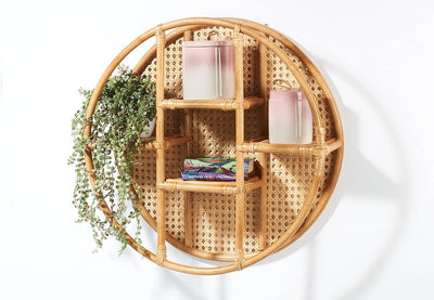 Kobolo Wandregal Hängeregal - Vienna - aus Rattan mit Wiener Geflecht - 4 Ablagen - rund - 60cm