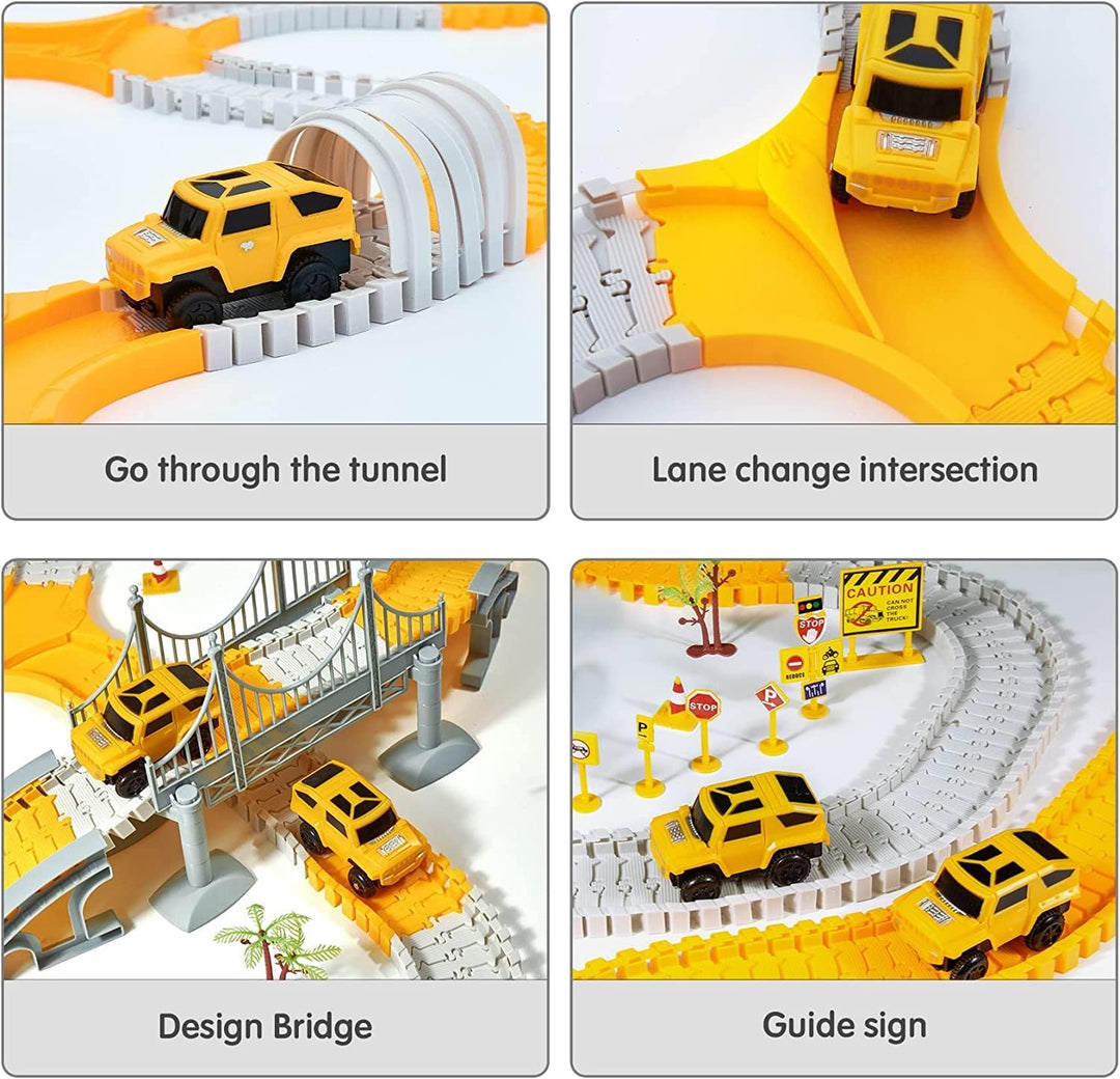 Autorennbahn für Kinder Mit 2 Elektroauto,Autorennbahn Rennbahn 6 Cars Bagger Spielzeug, Flexible Ca