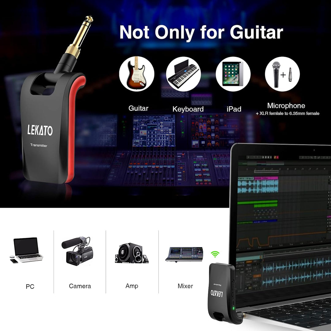 LEKATO Stereo 2.4GHZ Guitar Wireless System Wiederaufladbarer Gitarrensender Empfänger für Gitarren,