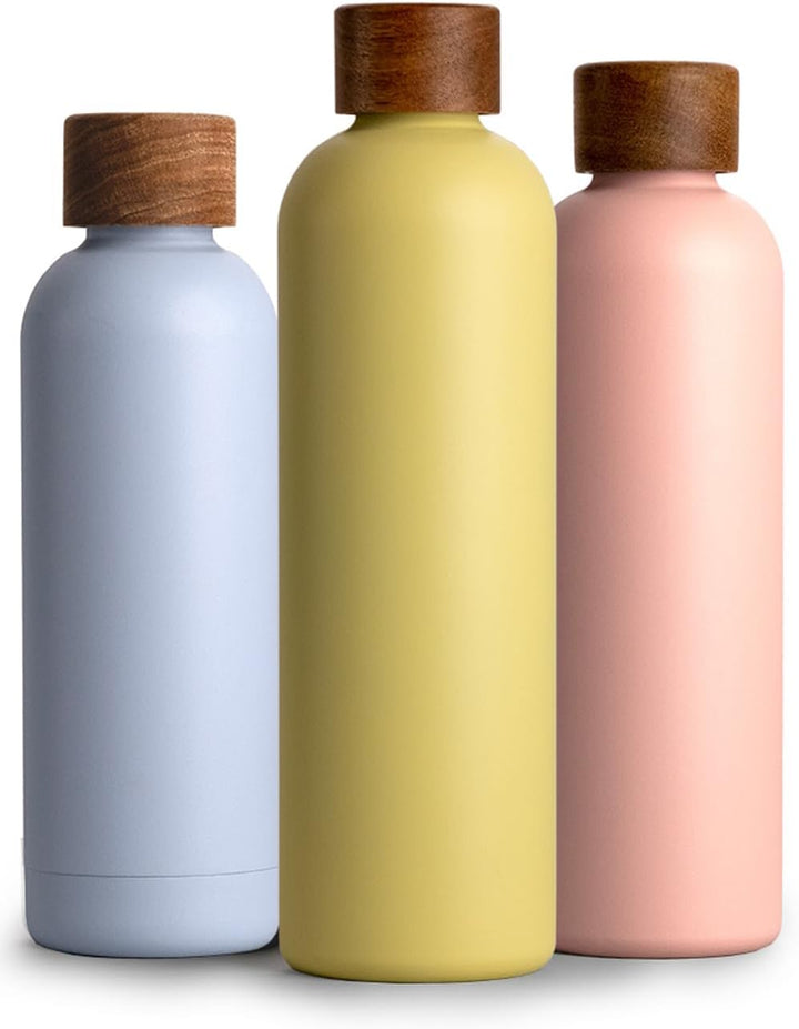 T&N Edelstahl Trinkflasche 1 Liter, Thermosflasche 1l mit Akazienholz Deckel, Isolierte Wasserflasch