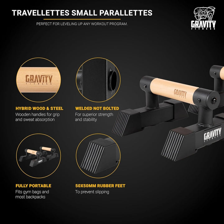 Gravity Fitness Parallettes Calisthenics Dip Barren mit Hybrid Holzgriffen – Stabil & Tragbar für Zu