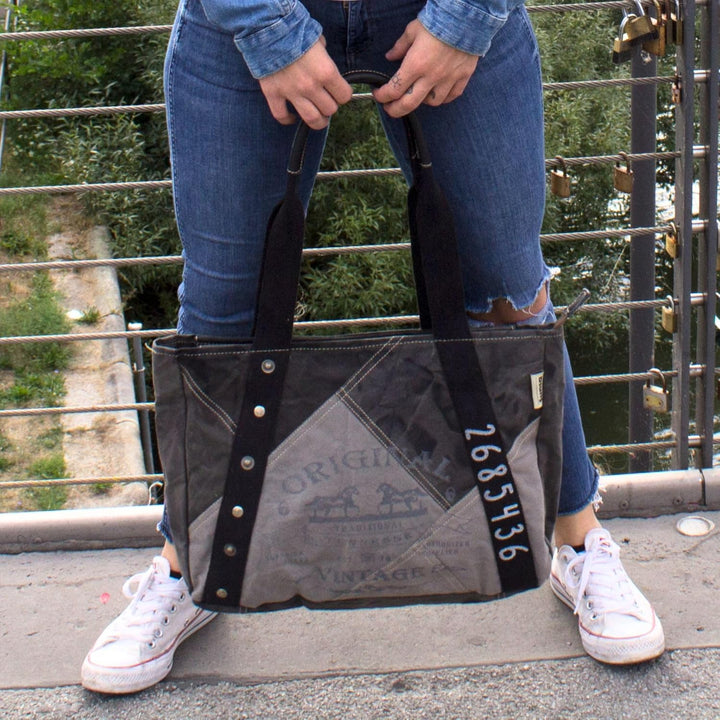 Sunsa Canvas Handtasche. Damen Shopper Tasche in Vintage Stil. Grosse Schultertasche. Schwarz/grau T