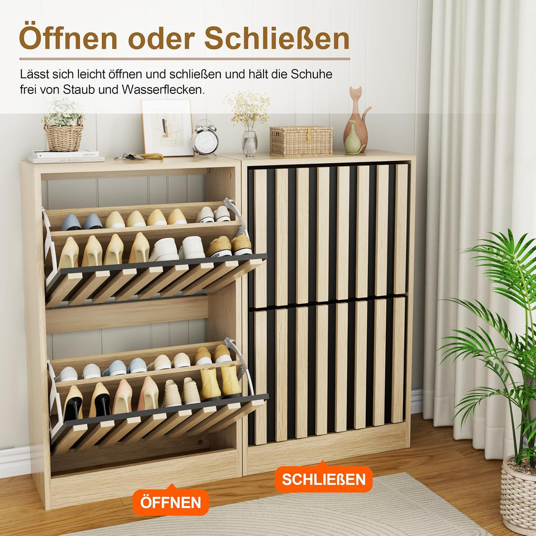 UEV Schuhschrank mit 2 Klappen Holz, Schuhregal Schmal (Natur+Schwarz) | Schuhkipper mit Kippschutz