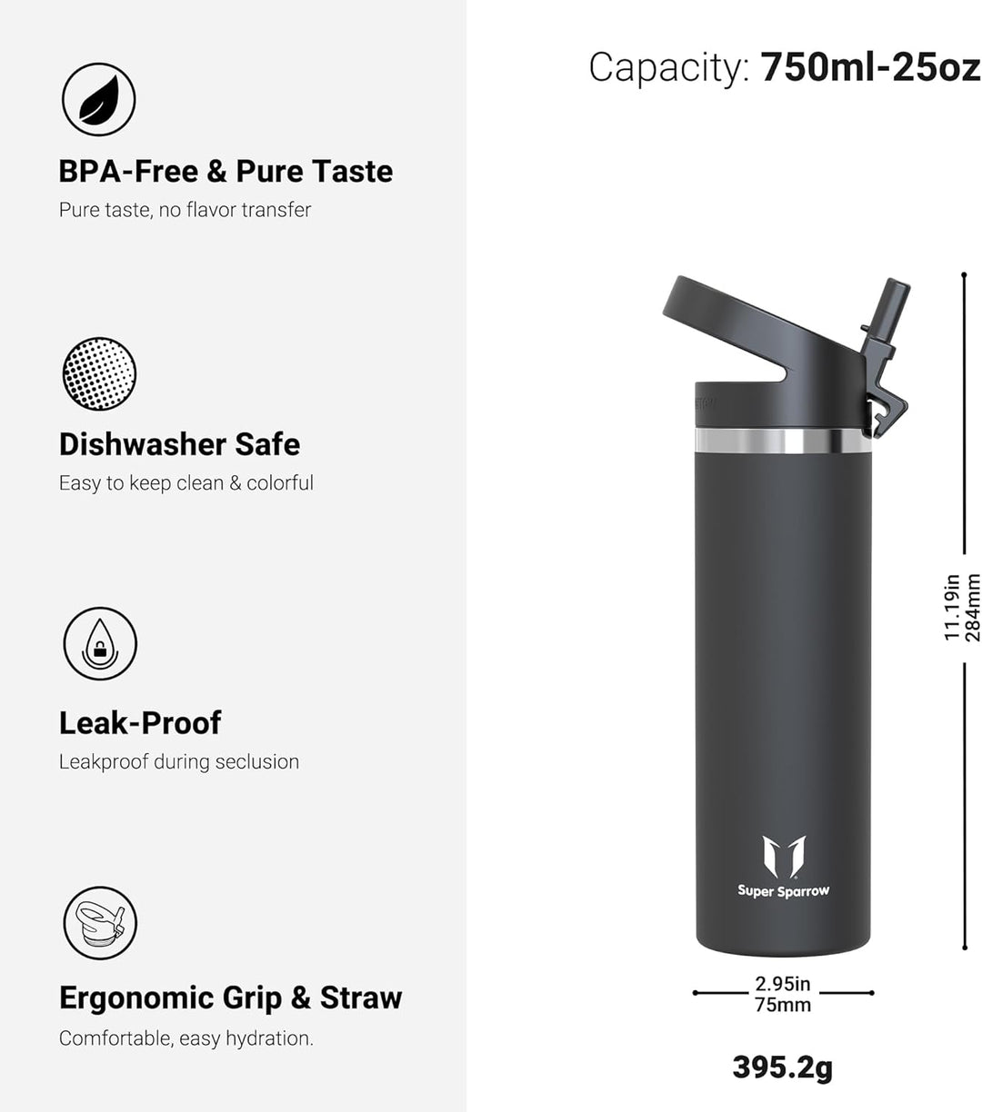 Super Sparrow Trinkflasche Edelstahl 750ml - Breite Öffnung SwivelSip Thermosflasche - BPA-Frei Ther