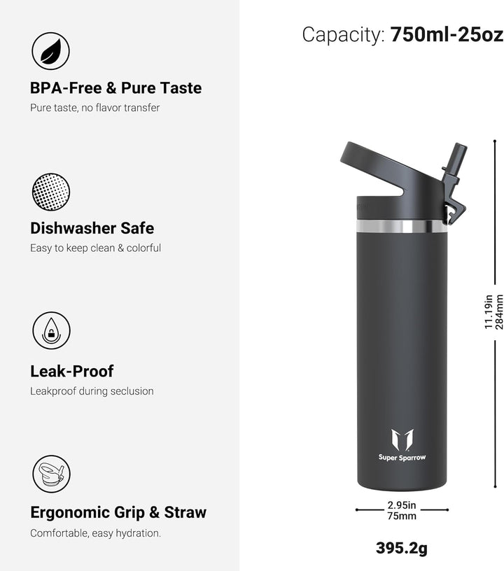 Super Sparrow Trinkflasche Edelstahl 750ml - Breite Öffnung SwivelSip Thermosflasche - BPA-Frei Ther