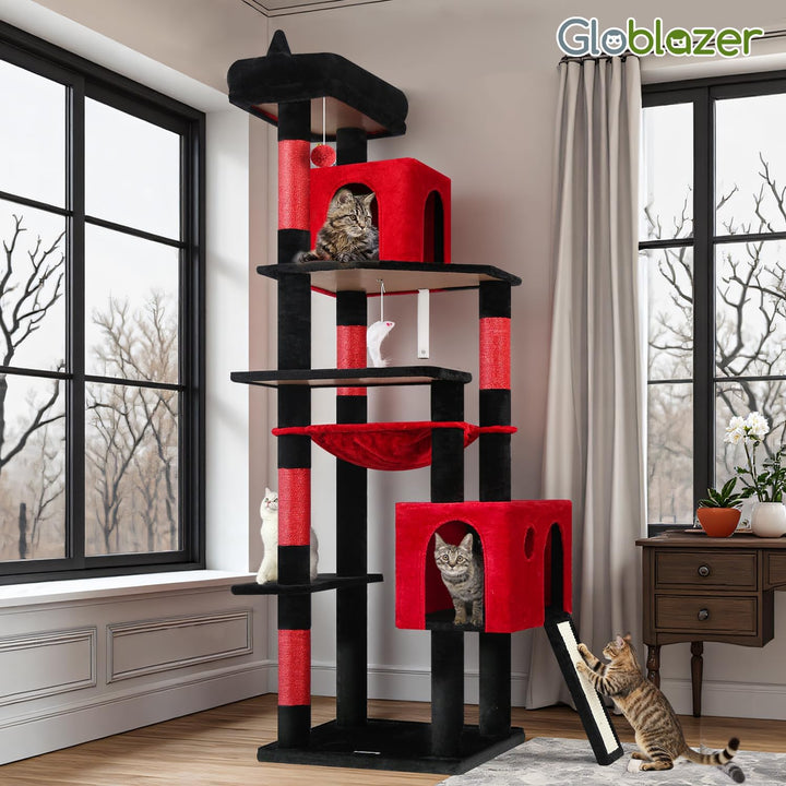 Globlazer Kratzbaum Gotisch Schwarz Rot Grosse hoch 178 cm mit Hängematte Weich, 2 Katzenhaus, Gepol