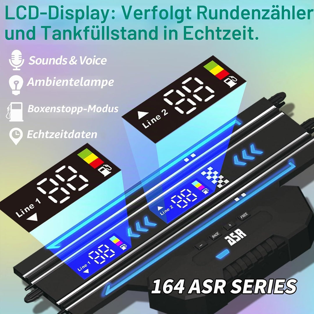 Slot Car Racing Set mit LED-Rundenanzeige, Hochgeschwindigkeit, Tankstopp, Sprachfeedback, 4 lizenzi