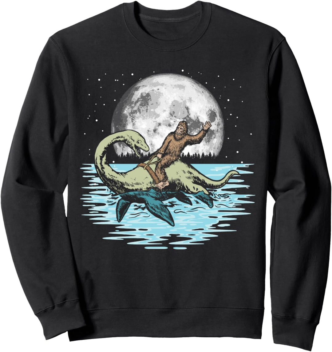 Funny Bigfoot Riding Nessie Loch Ness Monster & Full Moon Sweatshirt