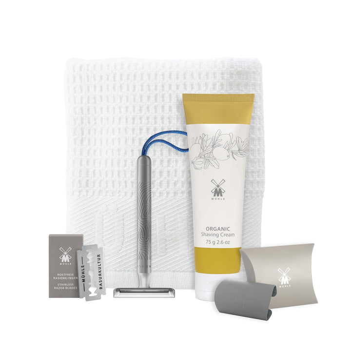 MÜHLE Companion Rasierset 5 tlg. - Unisex Sicherheitsrasierer mit grauer Kordel, Klinge, Creme, Tuch