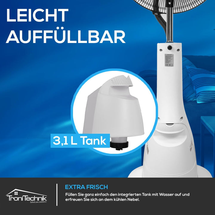 Tronitechnik® Standventilator mit Wasser, Ventilator mit Wasserkühlung Sprühnebel Raumbefeuchter, Fe
