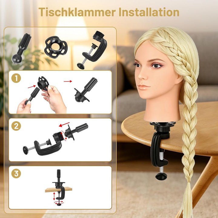 TwoWin Friseurkopf mit Haaren, 26 Zoll (66 cm) 80% Echthaar Mannequin Kopf, Make-up Übungskopf, Trai