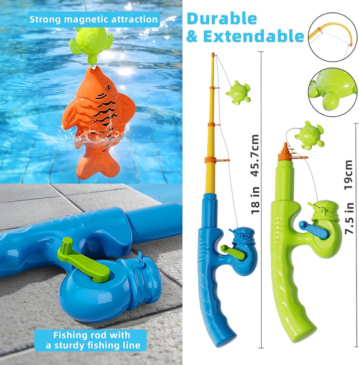 Magnetisches Angelspiel mit Aufblasbarem Pool, 60 Schwimmende Fische, 5 Angelruten &amp; 3 Netze, Baden