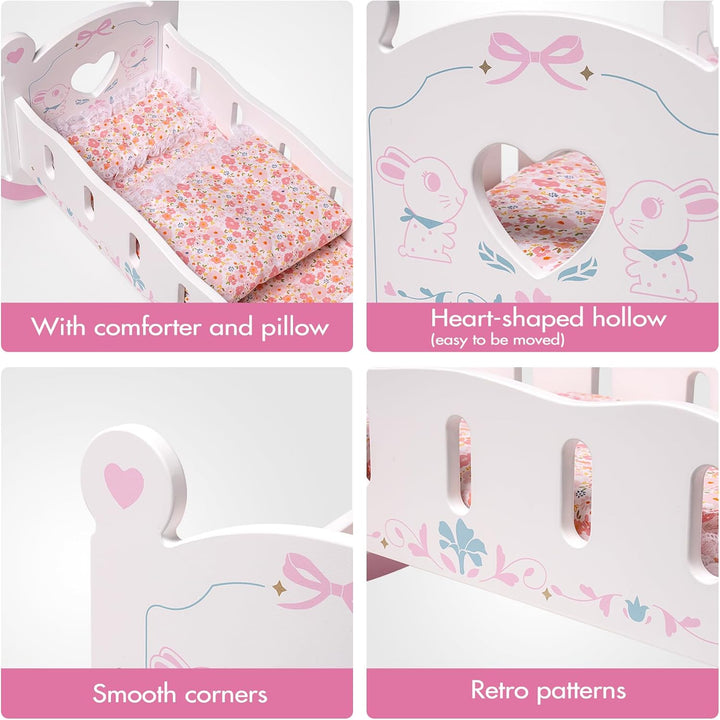 ROBUD Holz Baby Puppe Krippe Baby Puppe Bett Spielzeug für Puppen bis 18 Zoll Puppen Zubehör - mit P