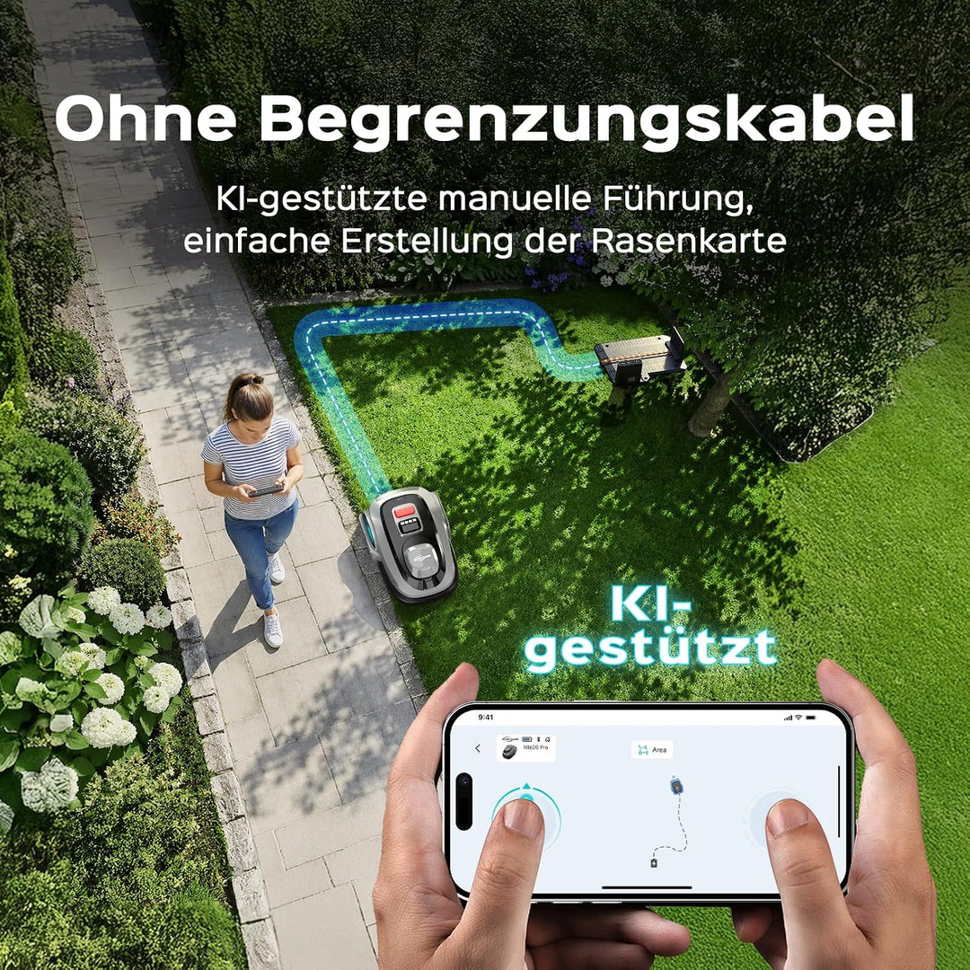YARDCARE N1600PRO Mähroboter ohne Begrenzungskabel, bis 1600 m², RTK- und KI-Visionsnavigation, Erke