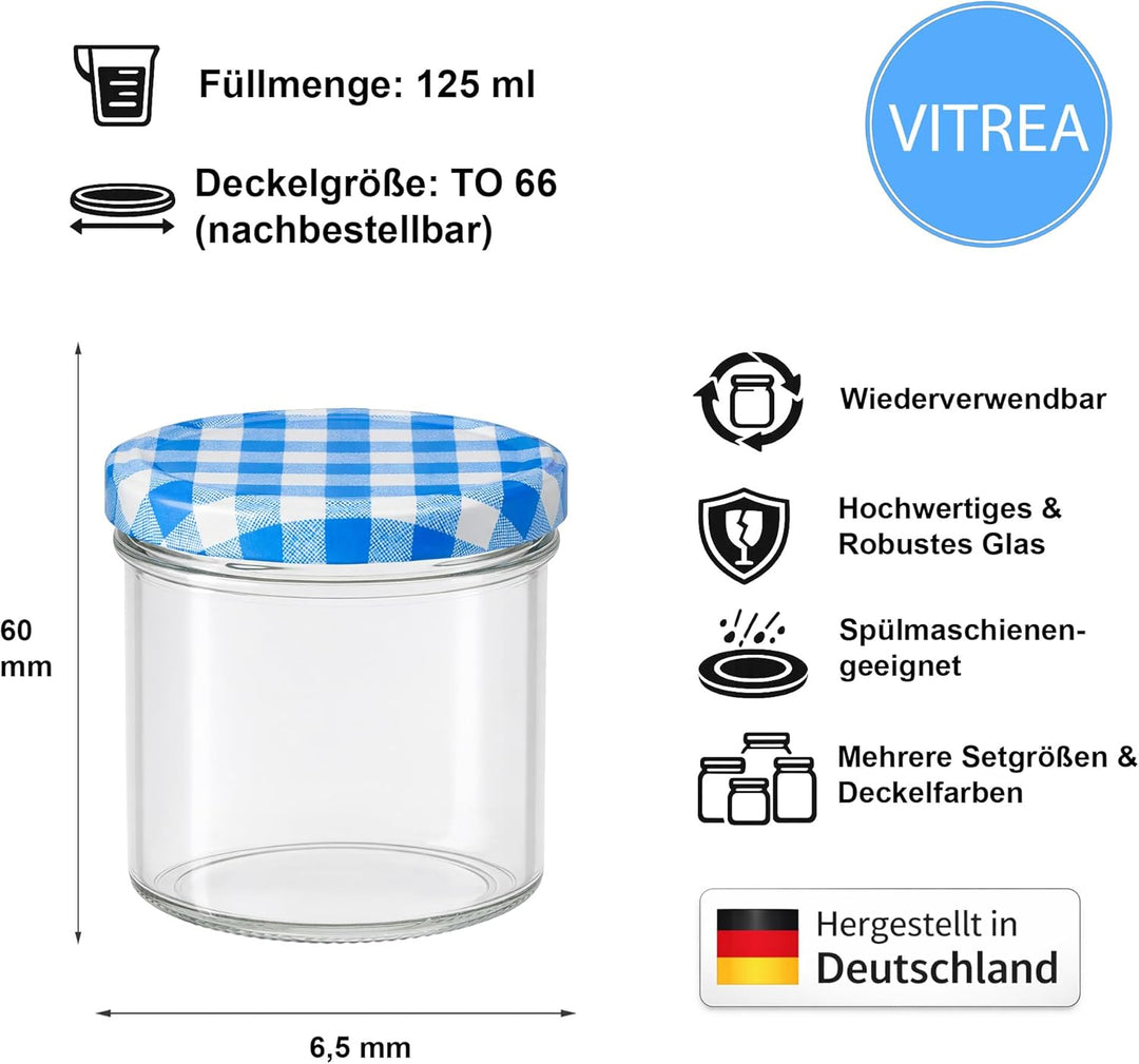 Vitrea 25x Marmeladengläser 125 ml - mit Deckel Blau Kariert TO 66 - Einmachgläser zum befüllen mit