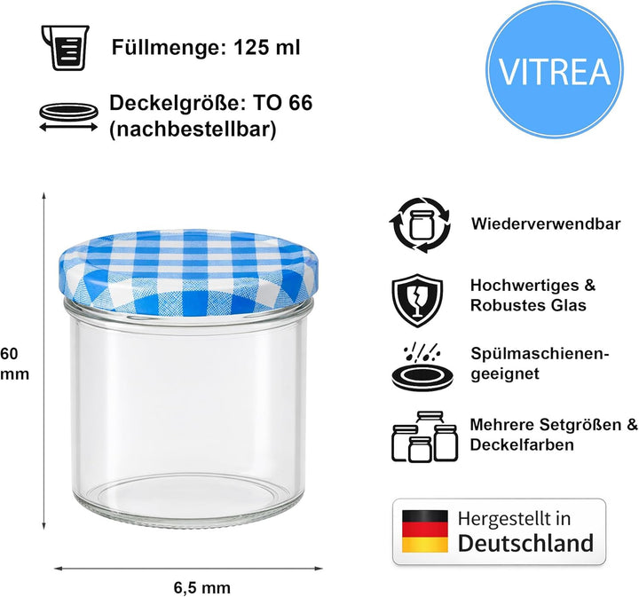 Vitrea 25x Marmeladengläser 125 ml - mit Deckel Blau Kariert TO 66 - Einmachgläser zum befüllen mit