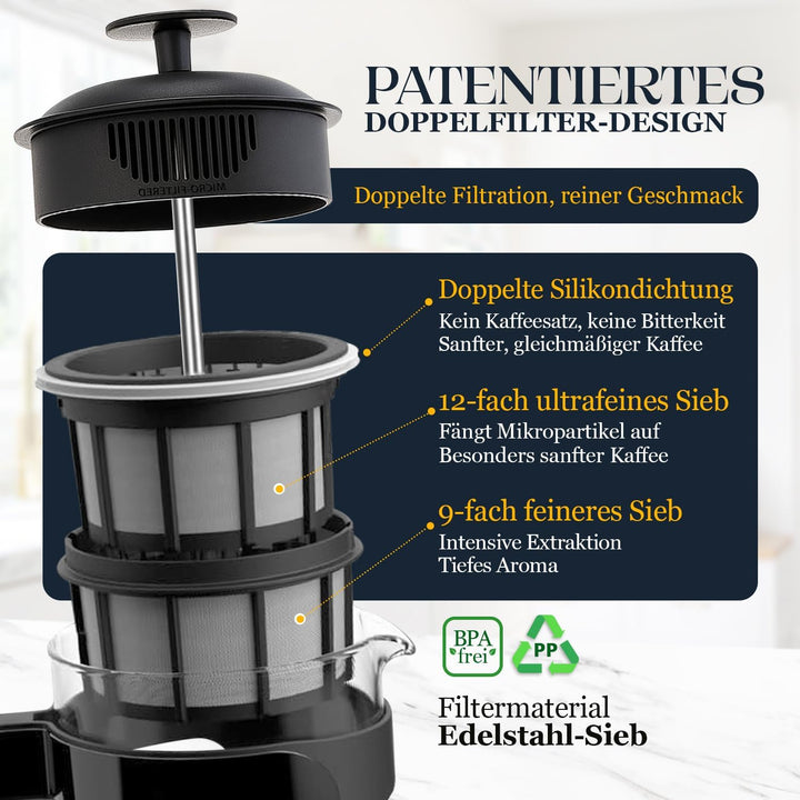 ESPRO P3 French Press Kaffeebereiter – Mit patentiertem Doppelfilter für kaffeefreien Satz, Schwarz,