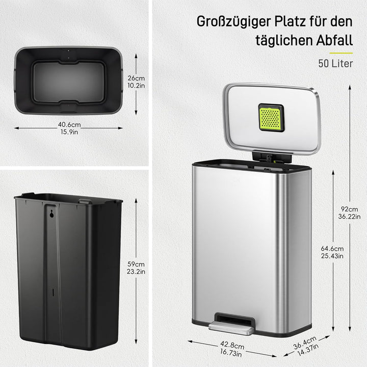 EKO Madison 50l Mülleimer Küche, Tretmülleimer mit Geruchsfach und Inneneimer, Mistkübel mit Soft-Cl