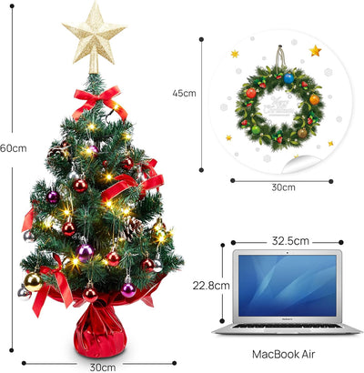 HAUSPROFI Weihnachtsbaum Künstlich LED 60CM, Mini Tannenbaum Künstlich mit Aufkleber/Lichterketten/2