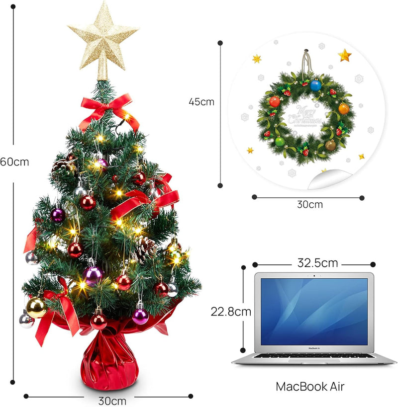 HAUSPROFI Weihnachtsbaum Künstlich LED 60CM, Mini Tannenbaum Künstlich mit Aufkleber/Lichterketten/2