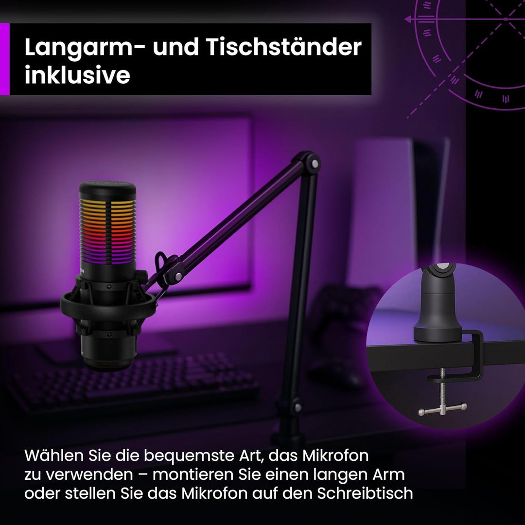 PREYON Gaming Mikrofon PC mit Arm USB Microphone - Podcast Streaming Studio Laptop Stand Mic Zubehör
