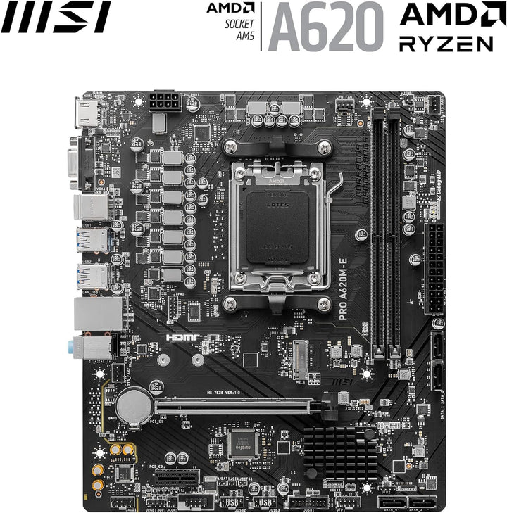 MSI PRO A620M-E Mainboard Micro-ATX - Unterstützt AMD Ryzen 7000 Series Prozessoren, AM5 - DDR5 Memo
