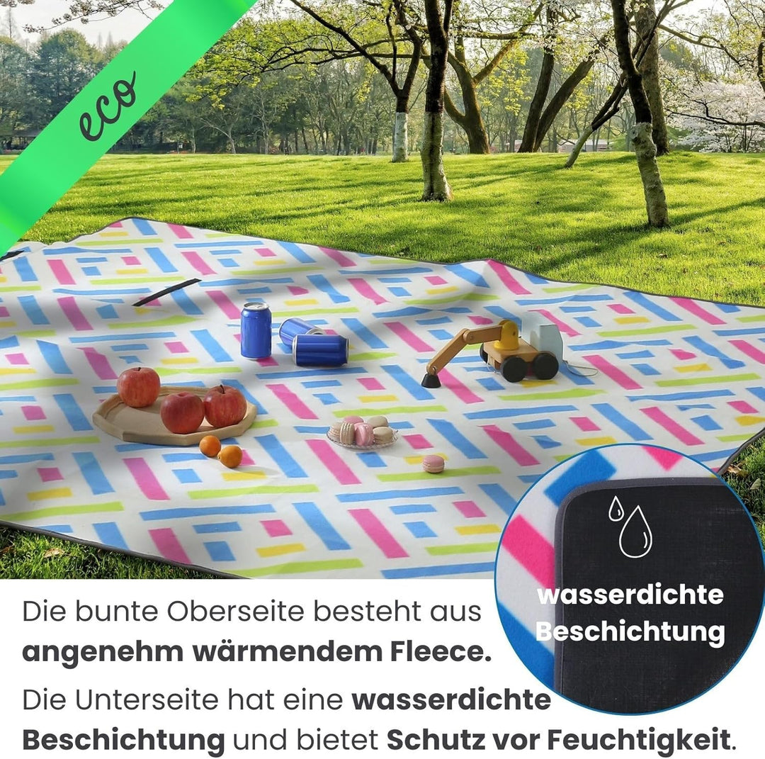 wometo eco-line nachhaltige Picknickdecke XXL 200x200 Grafik blau pink grün | 100% recyc. Fleece iso