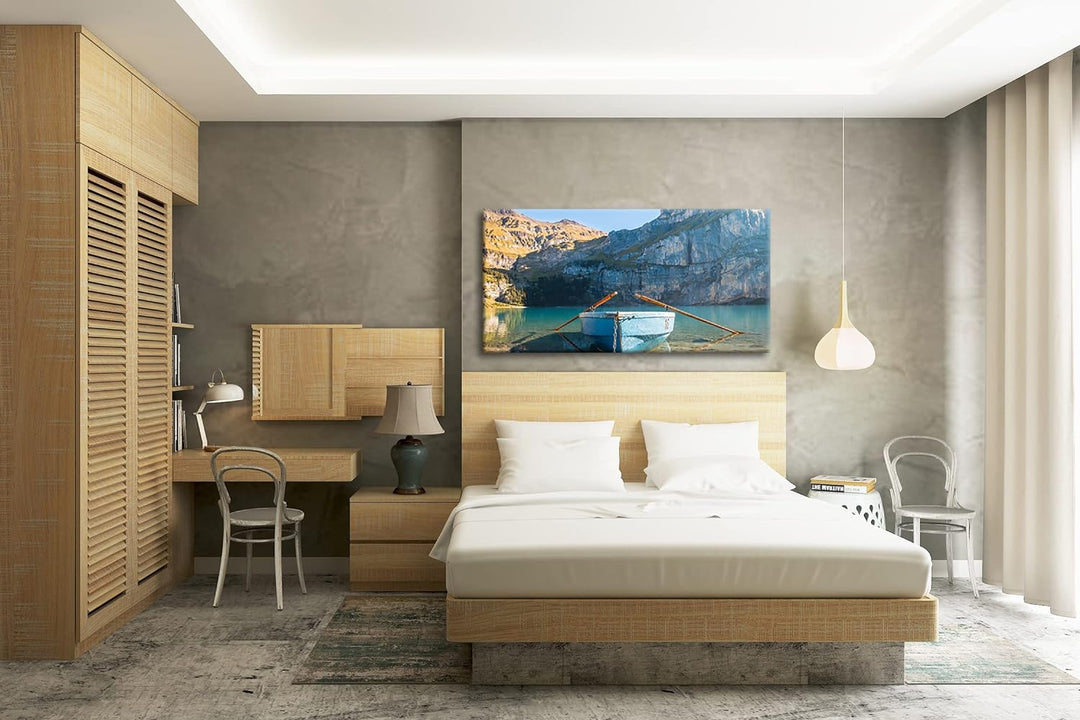 Traumhaftes Boot am See Panorama 100x50 cm als Leinwandbild, Motiv fertig gerahmt auf Echtholzrahmen