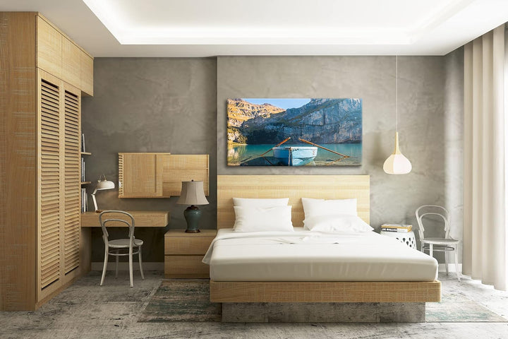 Traumhaftes Boot am See Panorama 100x50 cm als Leinwandbild, Motiv fertig gerahmt auf Echtholzrahmen