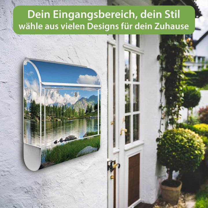 banjado® Design Briefkasten mit Motiv Gebirgssee 39x47x14cm &amp; 2 Schlüssel - Briefkasten Stahl weiss